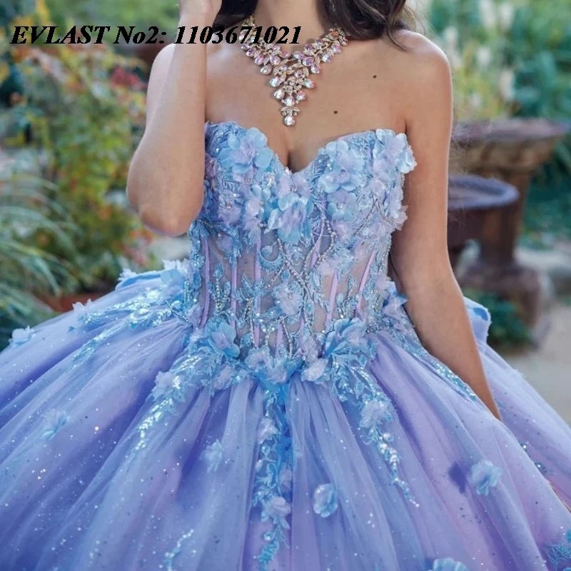 فستان Quinceanera لامع مخصص من EVLAST فستان حفلة لامع مزين بالزهور والخرز كيب سويت 16 فيستدوس دي 15 أنوس E2QA88 #5