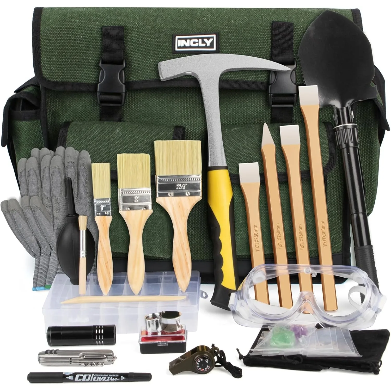 

Upgrade Geology for Rock Pick Hammer Kit, 33.8 Oz Hammer & 4pcs Digging Chisels Set for Rock Hounding, Golden Mining & Prospecting Equipment Tool Shovel Musette Bag, Compass, Whistle, Brushes
