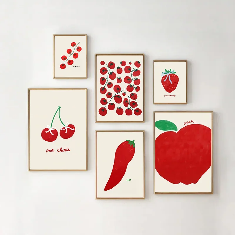 

Red Food Tomato Chilli Strawberry Cartoon Wall Art Poster Vintage Eclectic Italian Food Canvas Painting Kitchen Bedroom Wall Art