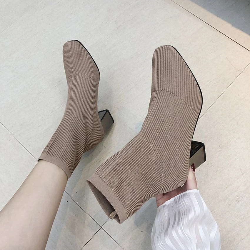 

Women's Knitted Ankle Boots Pointed Toe Stretchy Chunky med Heels Fashion Sock Short Botas Women's Pointed Toe Mid-tube Elastic