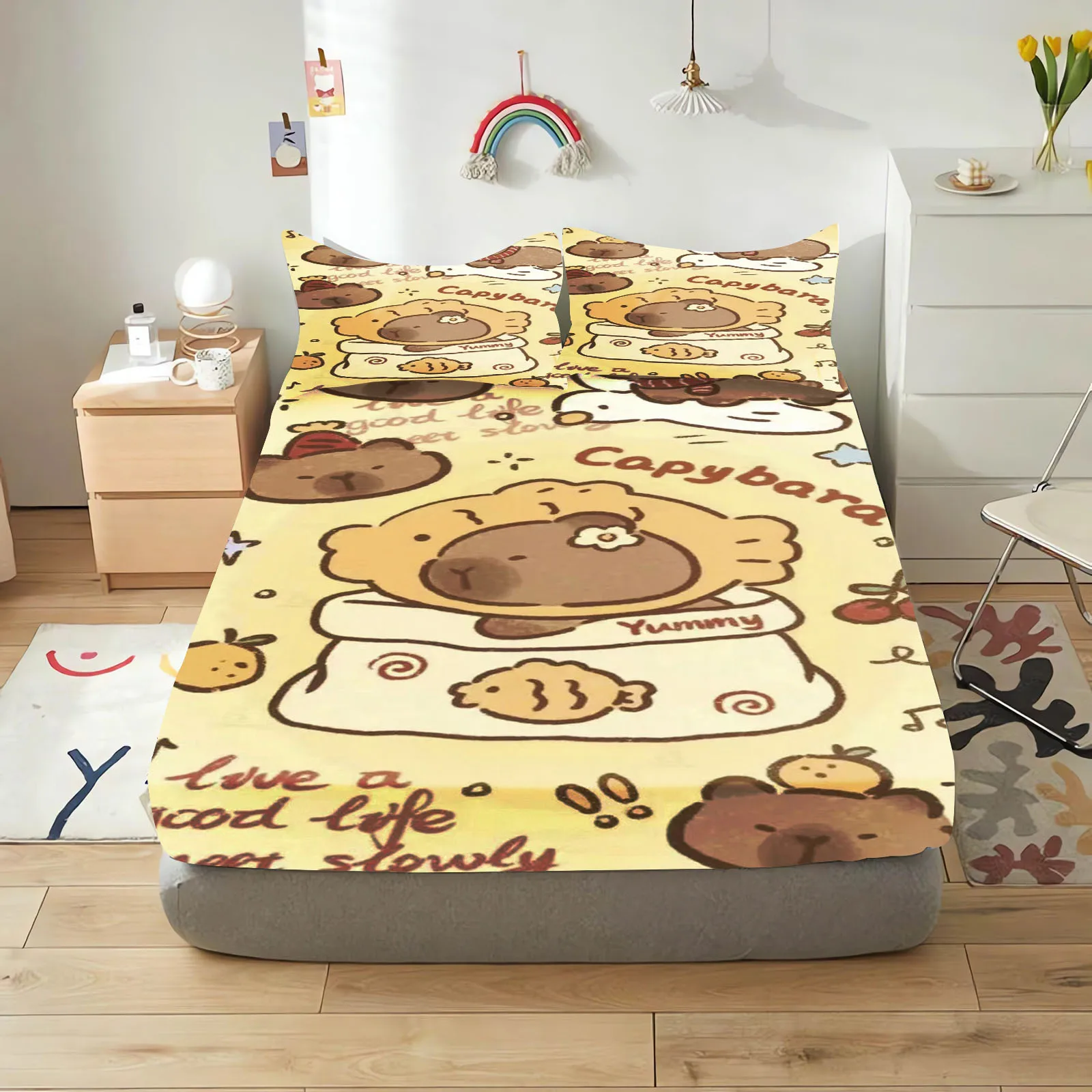 

Capybaras Fitted Sheet Children 100% Polyester Cartoon Cover Coverage Sheets Elastic Cute Digital Printing Bedding Teenager