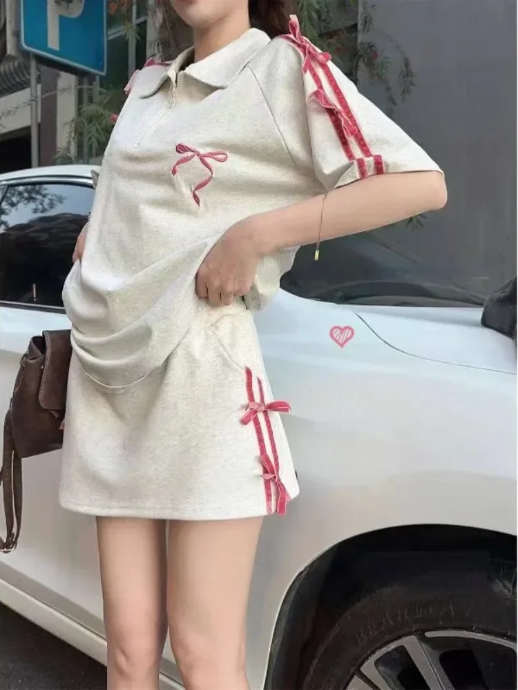 Summer American Y2K 2 Piece Skirt Set Women Casual Sweet Bow Short Sleeve T-Shirt + Cute Slim Mini Skirt Harajuku Sport Suits