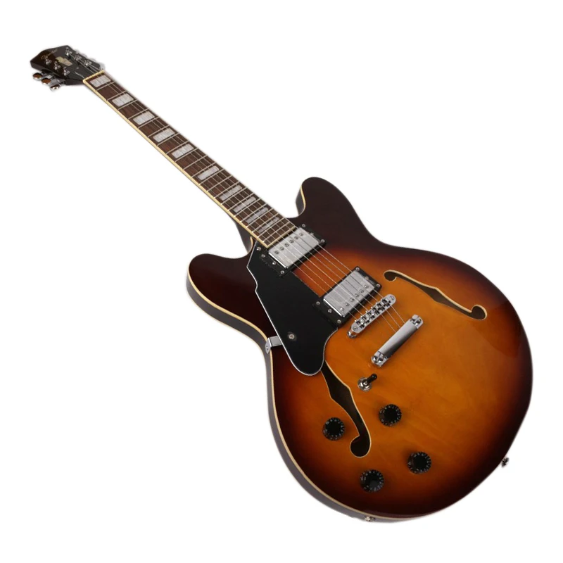 Sunburst left hand electric jazz guitar double f hole tom bridge rosewood fingerboard block inlay