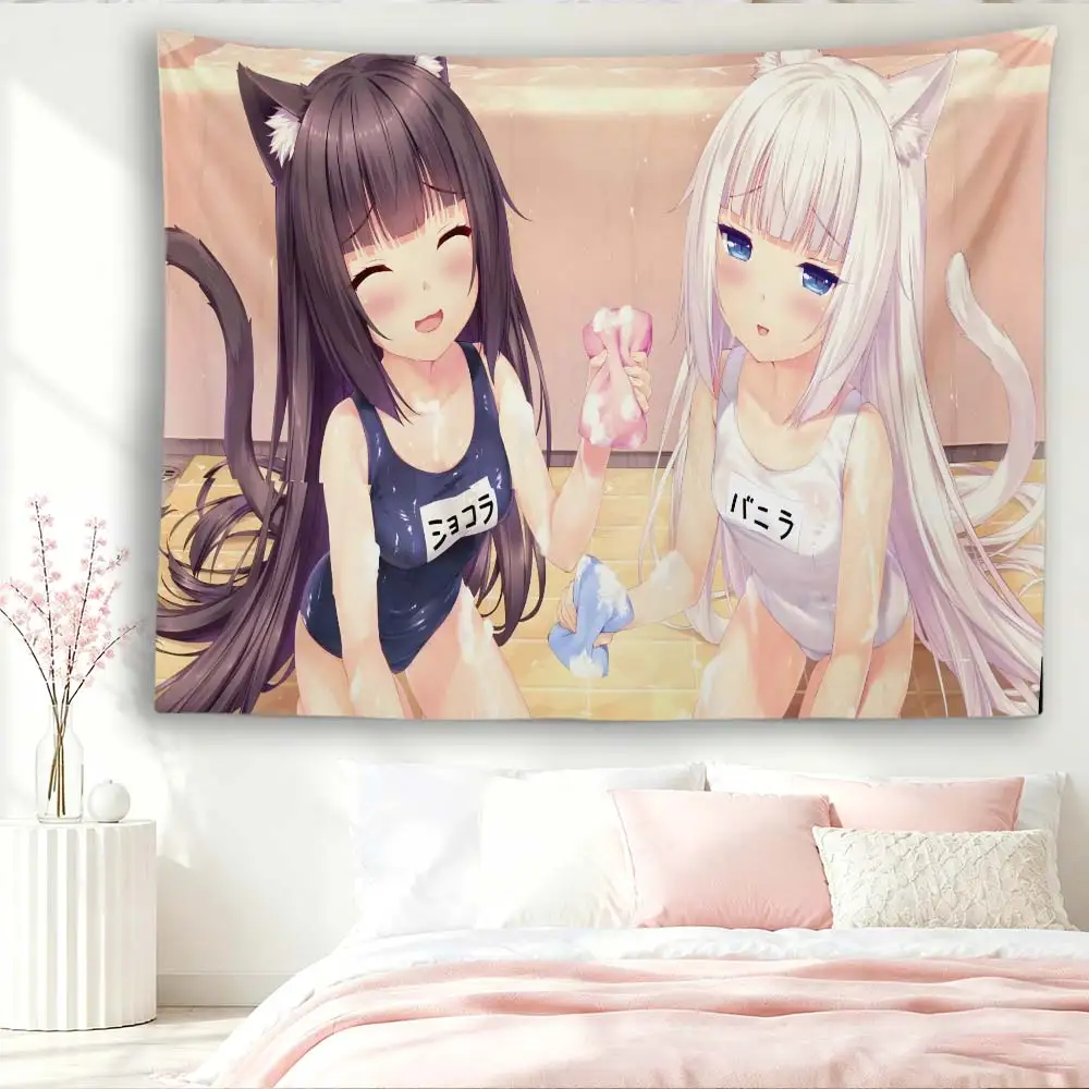 Nekopara Anime Tapestry, Chocola Vanilla Cat Girl Wall Hanging, Kawaii Neko Character Wall Tapestry for Bedroom Dorm Otaku Room