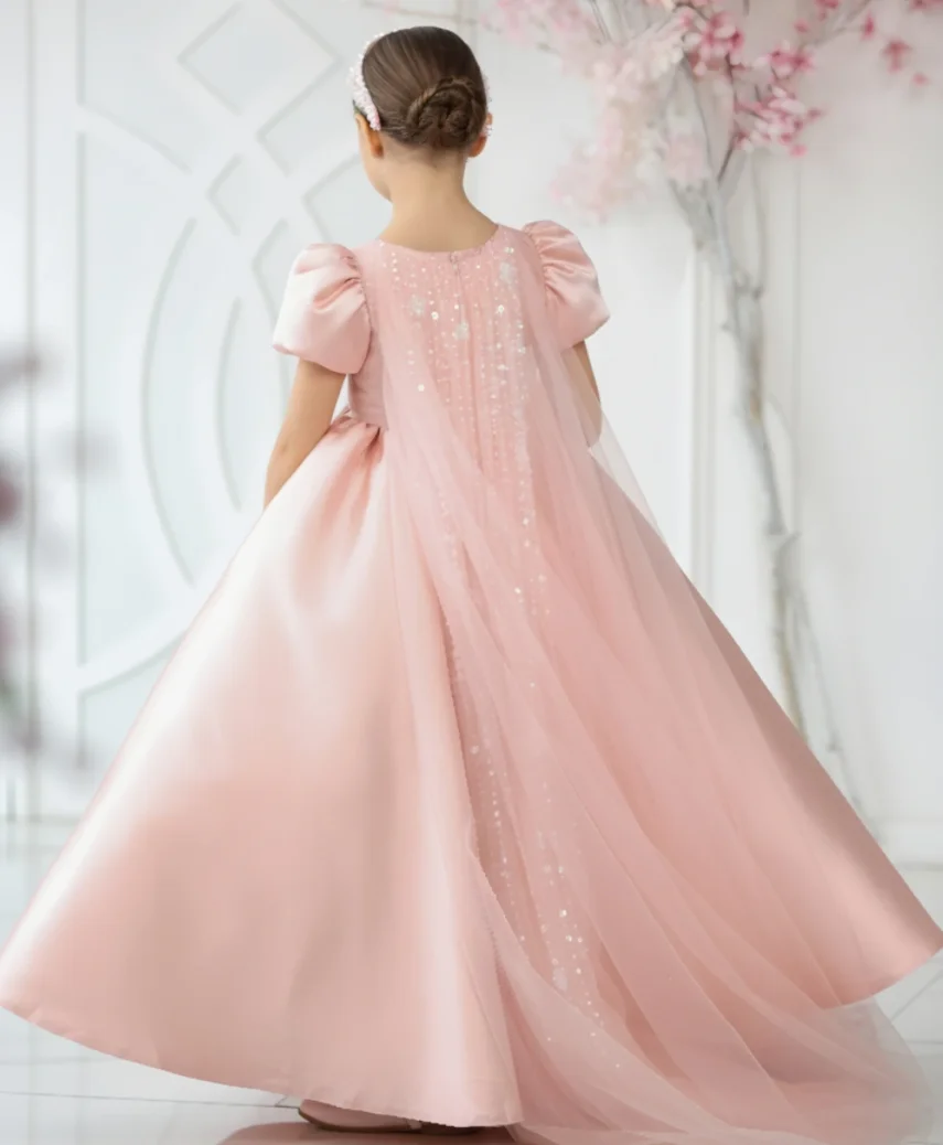 Jill Wish M040 Elegant Satin Flower Girl Dress with Puffed Sleeves & Beaded Waist – Available in Blush Pink & White, ulle Train