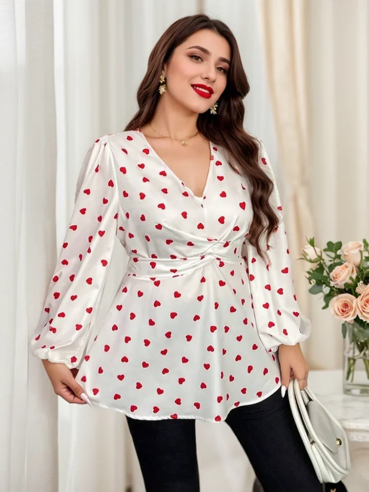 حجم كبير امرأة جديدة لطيف الحب القلب طباعة الأعلى الخامس الرقبة شعبية تنوعا سليم صالح كم طويل في المخزون بلوزة الملابس منتجع ارتداء