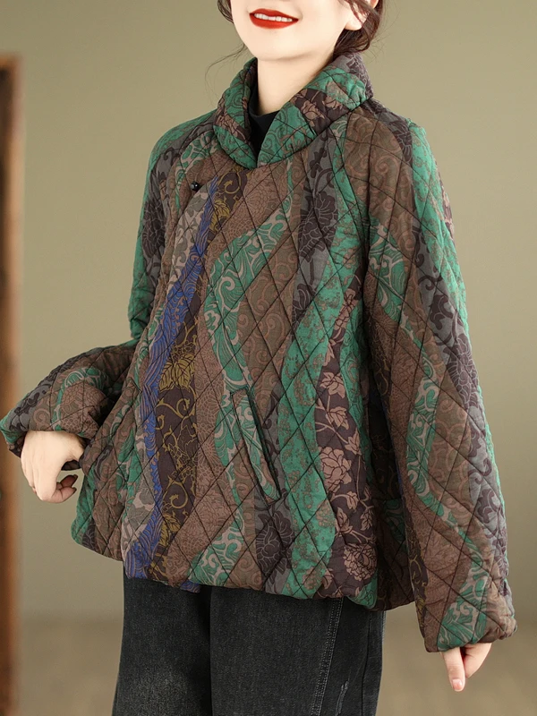 

Artistic Countryside Retro Print Cotton Jaet ort Sle Women's Faion Winter Coat Thiened Long Sve Ladylike Commute