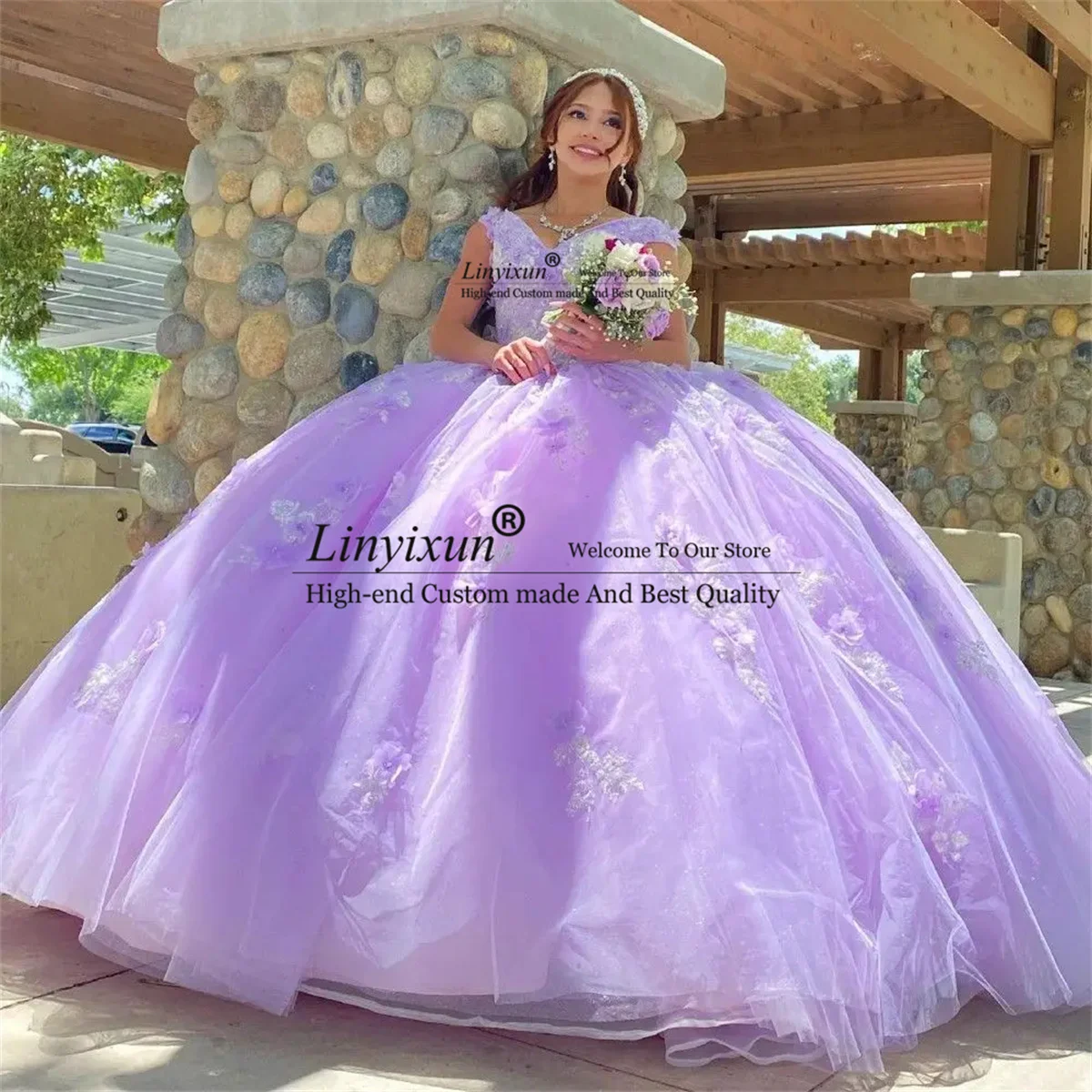 

Лавандовое бальное платье, платье для Quinceanera, 3D цветы, аппликация, милое платье 16, V-образный вырез, бисер, корсет, Мексика Vestidos De XV 15 лет