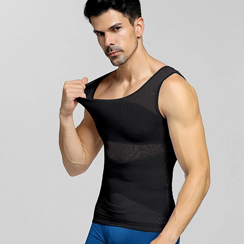 Chaleco de compresión de pecho para hombres, moldeador de cuerpo de ginecomastia, Corrector de postura sin mangas, Control de cintura adelgazante, recortador de barriga, Tops de malla