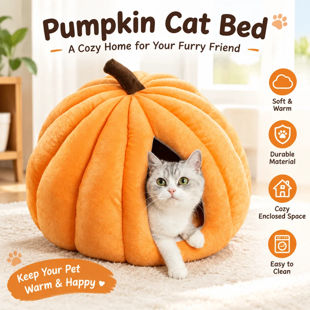 Generic Pumpkin Cat Bed Enclosed Warm Soft Plush Pet House All Seasons Use Sleeping Pad For Small Dogs Cats