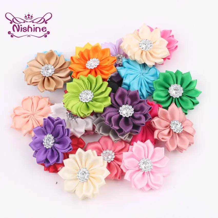 

1.6" 20pcs/lot 16 Petaled Rosette Satin Ribbon Flowers with Acrylic Button Used for Diy Headband Clips Hair Accessories