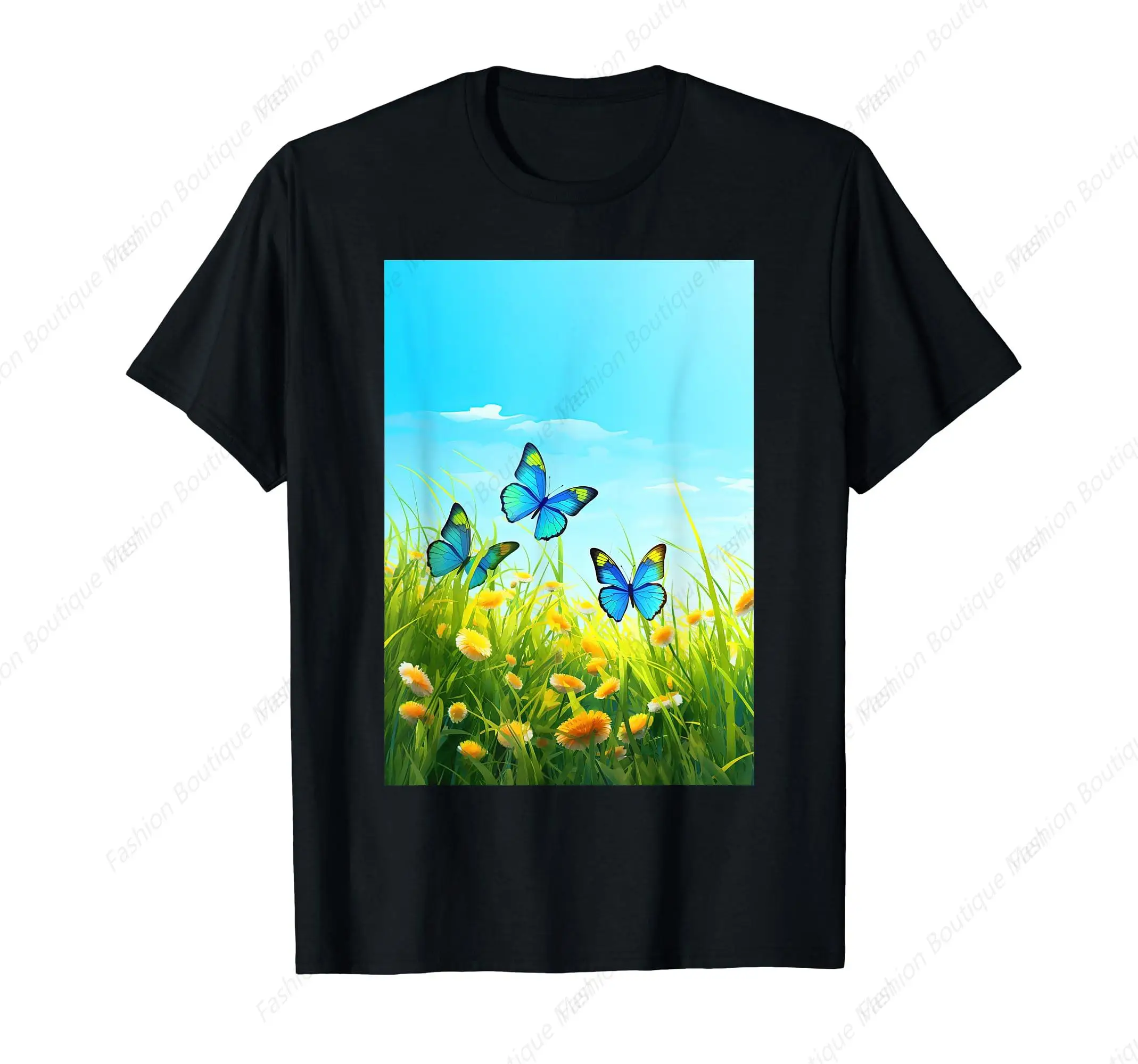 Frutiger Aero Butterflies Grass Sky T-Shirt Men Woman T-Shirt Casual O-Neck Printed  High Quality Tees Top