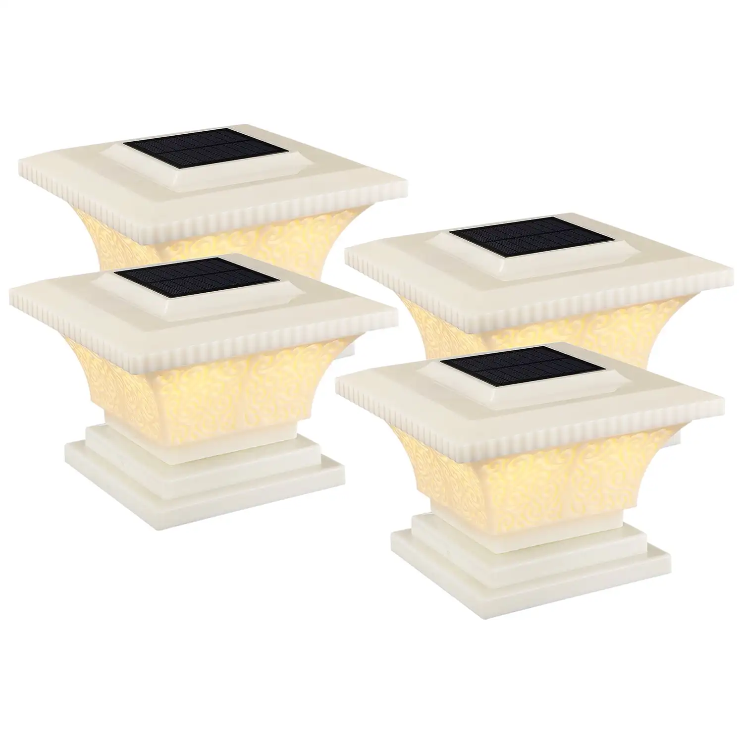 

4 Pack Solar Post Lights Outdoor, LED Deck Fence Cap Light for 4x4 5x5 6x6 Posts Patio Garden Decoration Warm Lighting