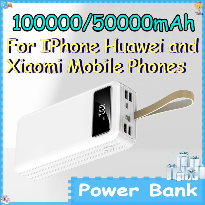 

100000/50000mAh Power Bank for IPhone Huawei and Xiaomi Mobile Phones Portable PowerBank with Built-in Cable
