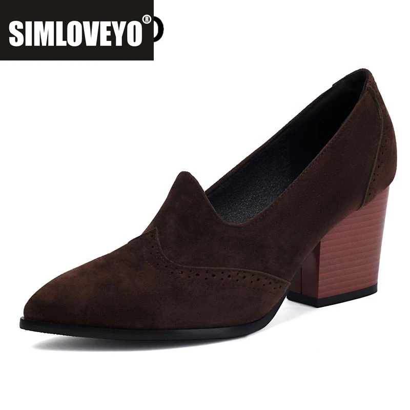 SIMLOVEYO 2024 موضة جديدة قطيع الجلد المدبوغ النساء مضخات أشار تو حذاء بكعب سميك 7.2 سنتيمتر الانزلاق على أنيقة مكتب سيدة أحذية 42 43