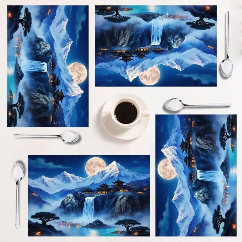 

4-piece placemat set, landscape art design, easy to clean, stylish kitchen decor, ideal for holidays, 12×18 inches.