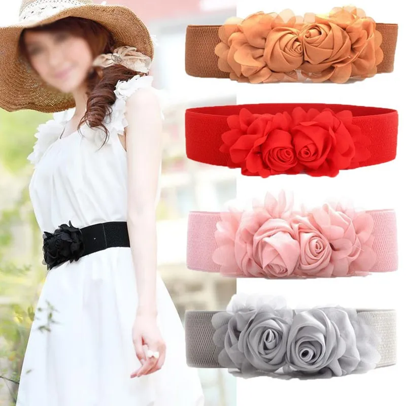 

2023 Lace Belt Women Double Flower Elastic Accessories Skirt All Match Waist Bow Fashion Dress Red Black White Pink Gray Beige