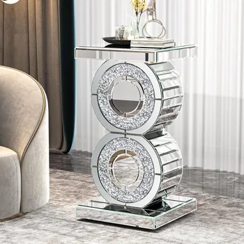 Image Mirrored End Table Crystal Diamond Setting Coffee Table Silver Glass Side Table Pedestal Stand for Hallway