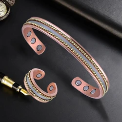 Vintage Pure Copper Jewelry Set Adjustable Magnetic Bracelet Ring Energy Arthritis For Women Men