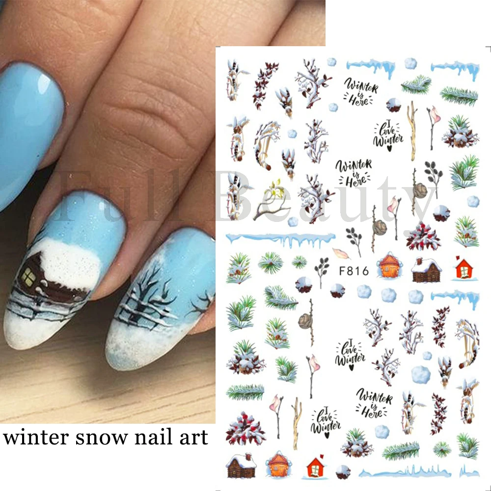 Winter Snowy Tree Nail Stickers Cartoon Penguins Bear Sliders Cat Deer Snowman Nail Decals Christmas Decoration 2022 New NLF816