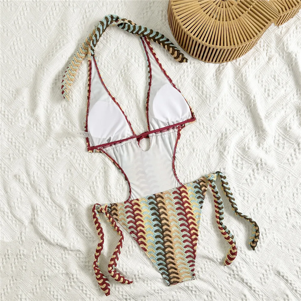 Color Striped Crochet Halter Backless Swimwear Woman One Piece Sexy Swimsuit 2026 Hollow Out Monokini Bathing Swimming Suit Wear