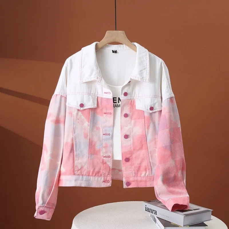 Tie-dyed Denim Jacket New Loose Short Jacket Long Sleeve Turn-down Collar Women in Autumn 2024