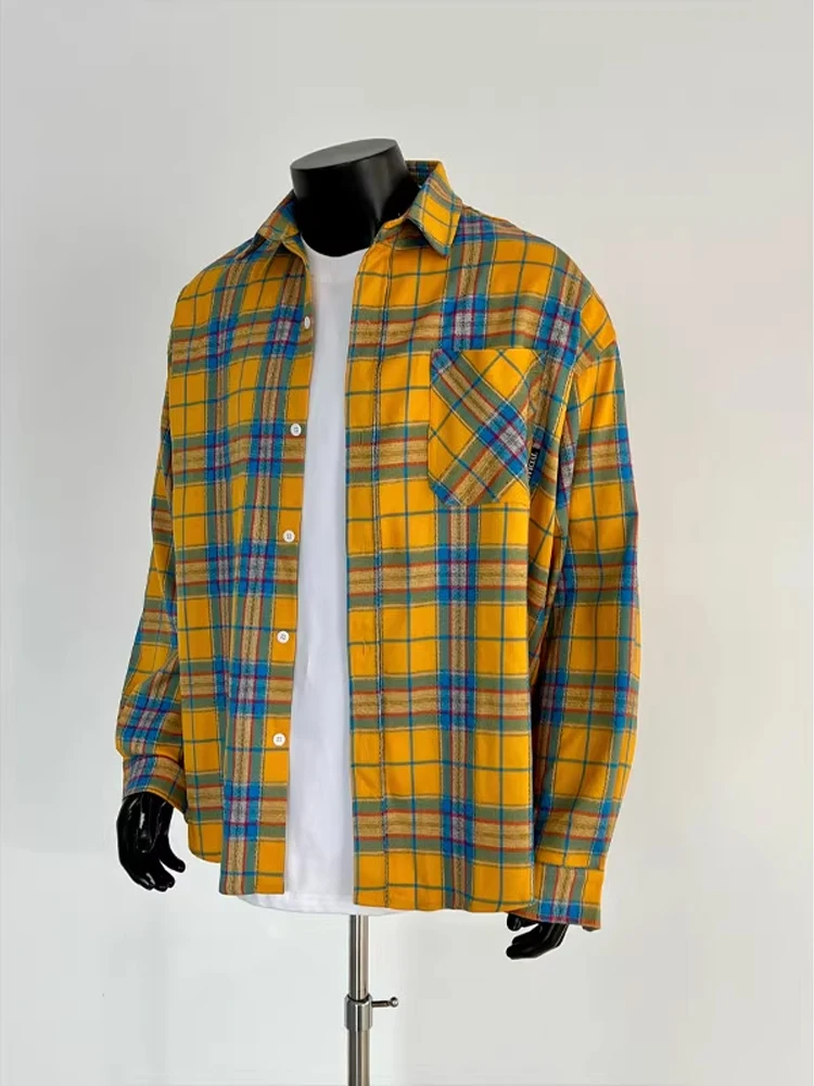 

Yellow Plaid Long Sve Men's irt Autumn Winter Cleanfit Premium Inner Layered Wear Couple Jaet Loose Fit Youth Trend Po...