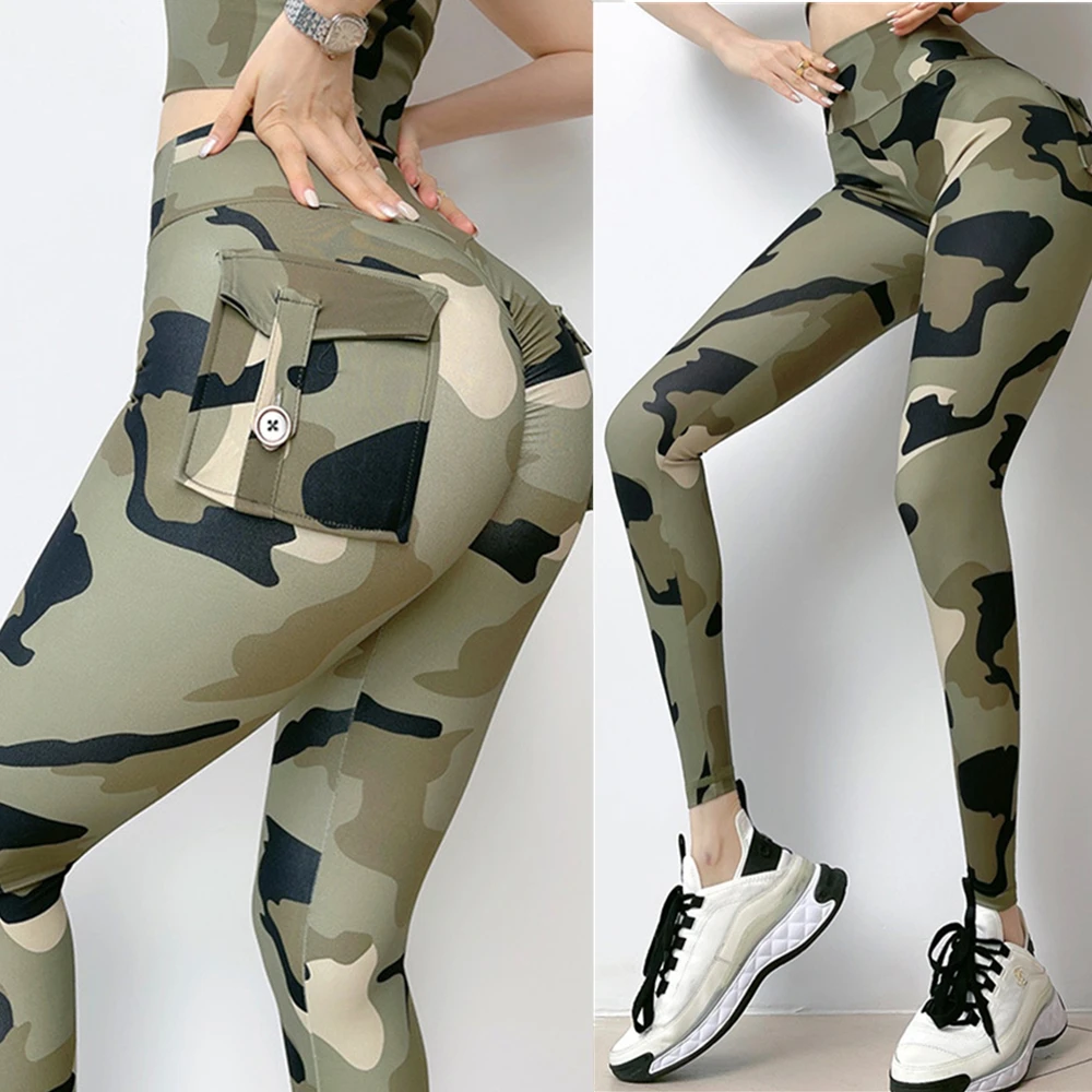 QK 1PCS Peach Camo Pad Yoga Set Women Gym Fitness Scrunch Booty Leggings Sports Bra Gym Female Pant Activewear Suits