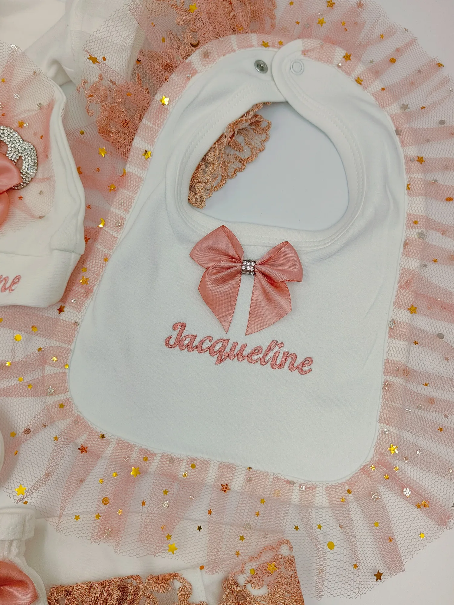 Baby Girl Jacqueline Princess Gift Set - Full Outfit Onesie Hat Bib with Lace Crown Embroidery for Baptism