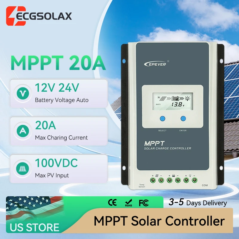 EPEVER 20A MPPT Solar Charge Controller 12V 24V Auto Battery Regulator Max PV 100V For Off Grid Home Solar System