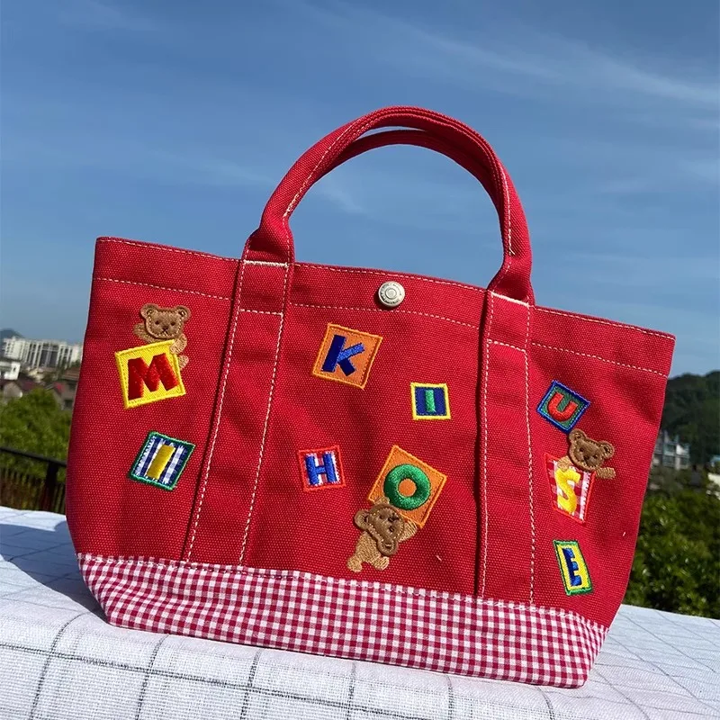 Handbag Cartoon Plaid Bear Embroidered Canvas Lightweight Large Capacity 34*21*21cm Bento Bag