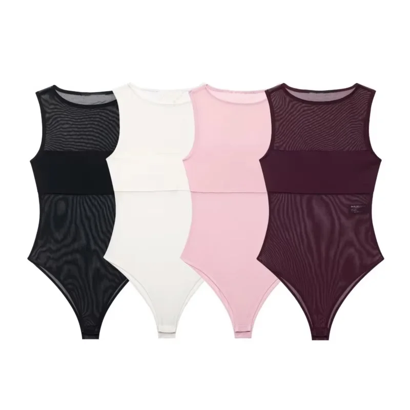Women's Combined Tulle Bodysuit Spring Summer Sexy Lightweight O Neck Sleeveless Women Playsuit Beach Style Female Bodysuits