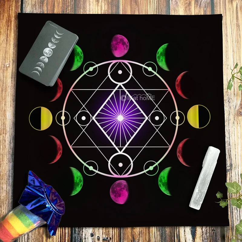 Colorful Planetary Compass Tarot Tablecloth Velvet Altar Cloth Moon Phase Oracle Card Pad Pagan Witchcraft Astrology Supplies