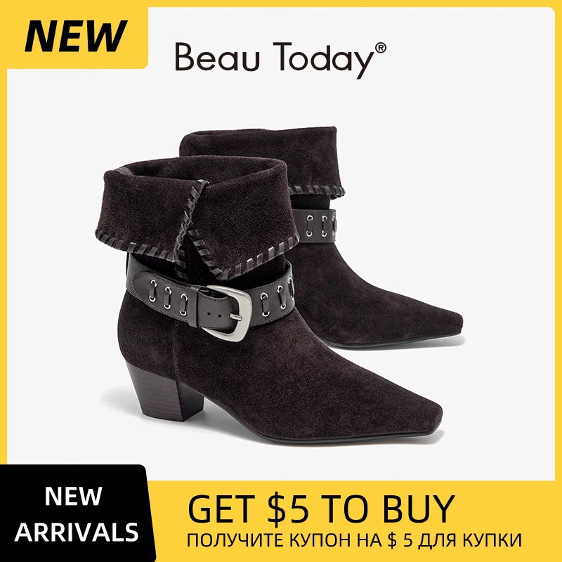 BEAUTODAY Cowboy Boots Women Calfskin Leather Suede Turned-over Edge Buckle StrapSquare Toe Ladies Mid-Calf Shoes 02269