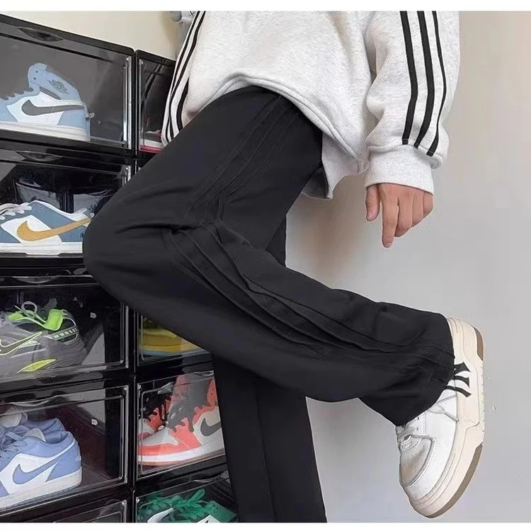 

Модные мужские прямые спортивные штаны свободного кроя с тяжелой полоской сбоку, американские драпированные повседневные спортивные универсальные длинные брюки