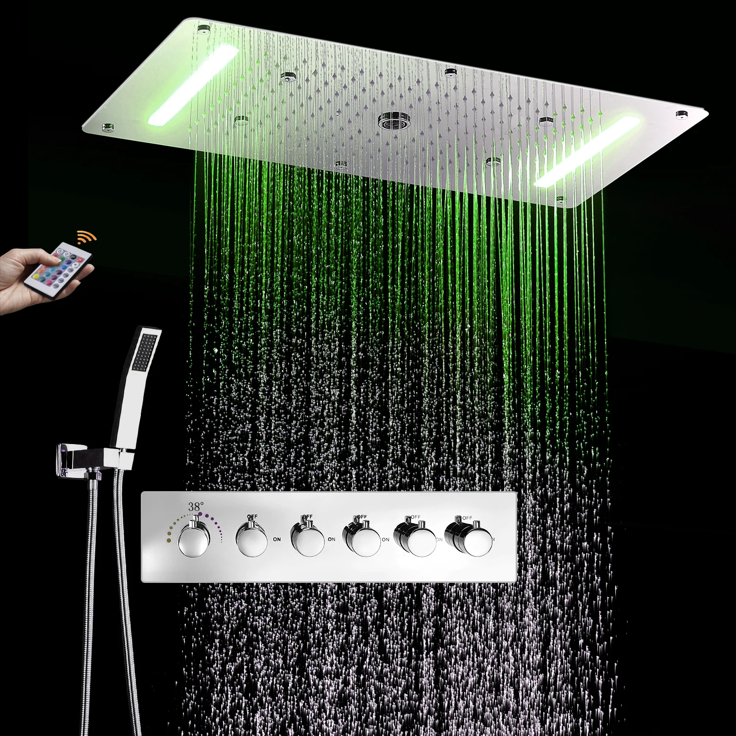 Multicolor LED Shower System Thermostatic Shower 5 Ways Column Mist Waterfall Mist Chrome Bathroom Set