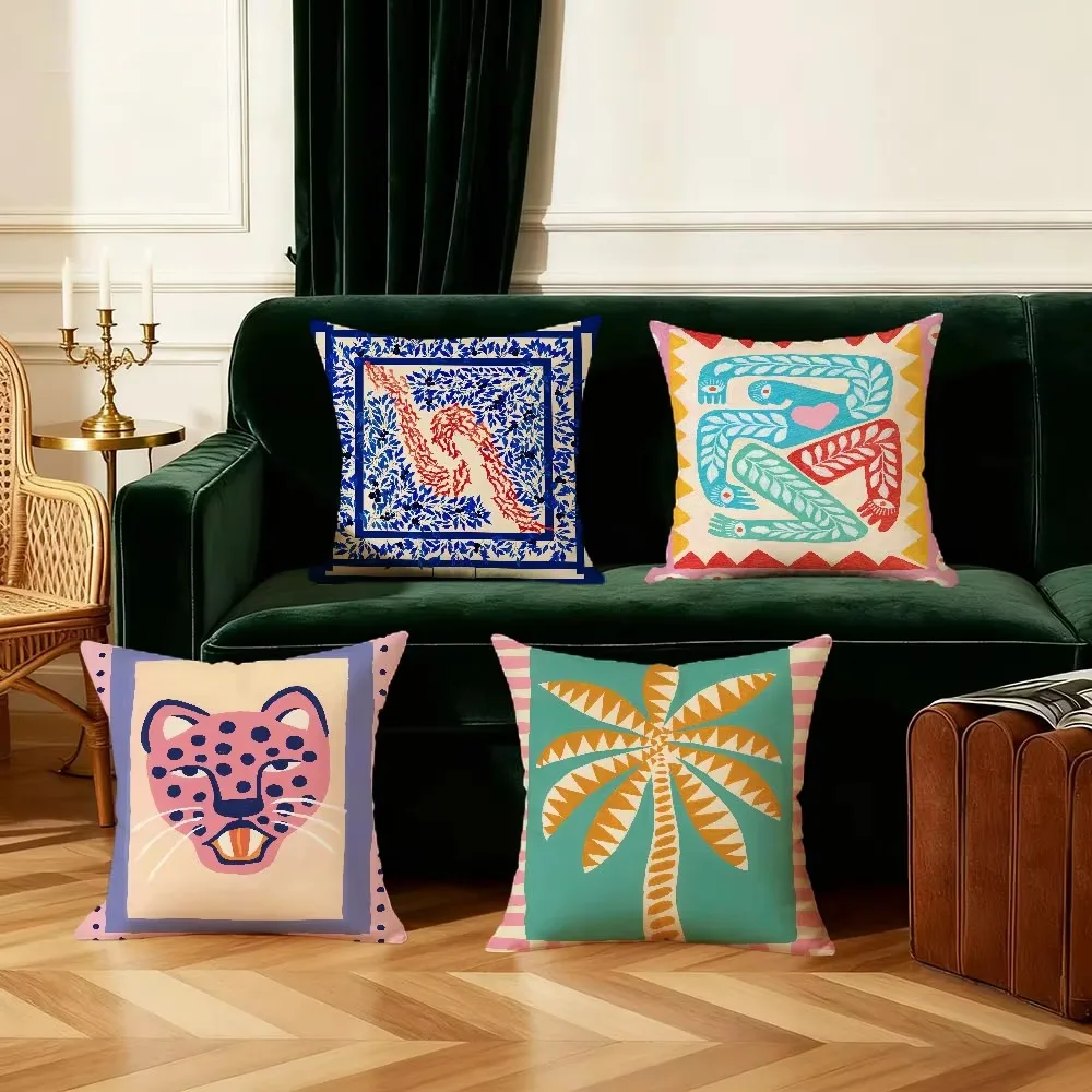 Folk Art Leopard Snake Palm Tree Pillow Cover, Double Sided 2D Polyester Print Cushion for Sofa Bedroom Home Decor Gift