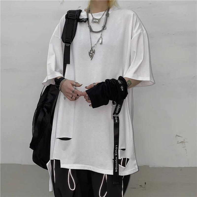 100% Cotton Summer Harajuku Ripped Hole Women T Shirt Hip Hop Fashion Oversized Cool Streetwear Man Top Tee Grunge Clothes White