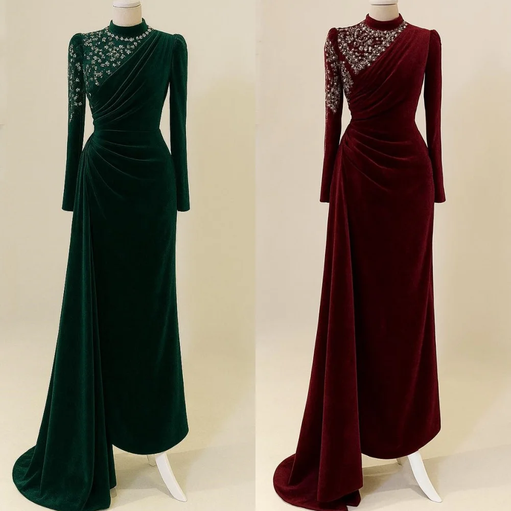 

Customized Modern Style Formal Velour Beading Rhinestone Straight High Collar Long Dresses Bespoke Occasion Dresses High Quality