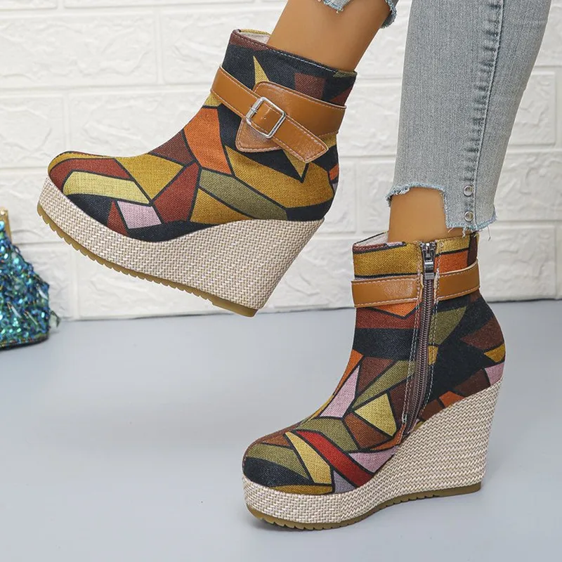2026 Fashion Autumn Women Ankle Boots Metal Belt Buckle Mid-heel Western Cowboy Boots Colorful Print Fabric Booties Zipper Shoes