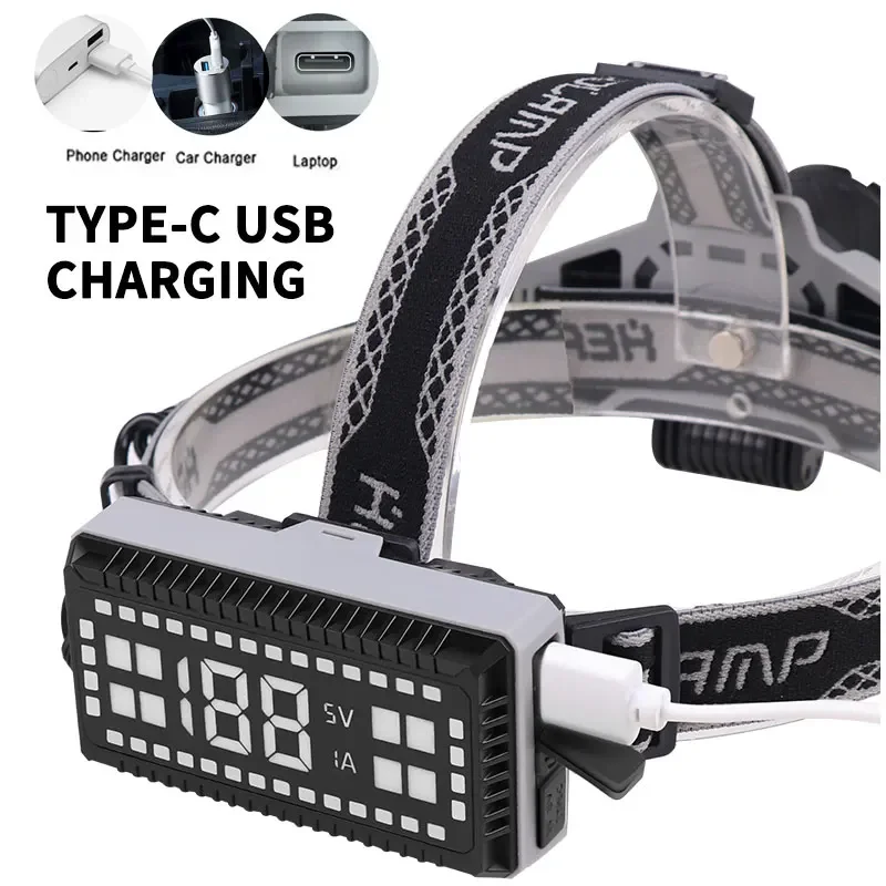 High Power XHP99 SuperBright USB Rechargeable LED Headlamp Fishing Headlight Telescopic Zoom IP64 Waterproof with Charge Display