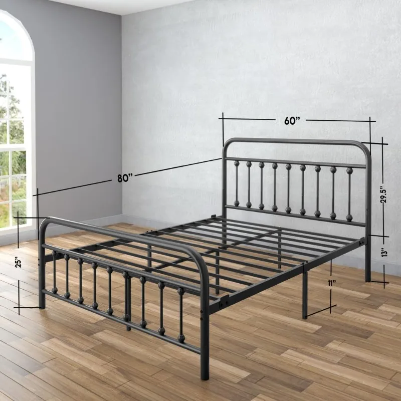 Vintage Wrought Iron Bed Frame with Classic Metal Platform Base, Headboard and Footboard, No Box Spring Needed,