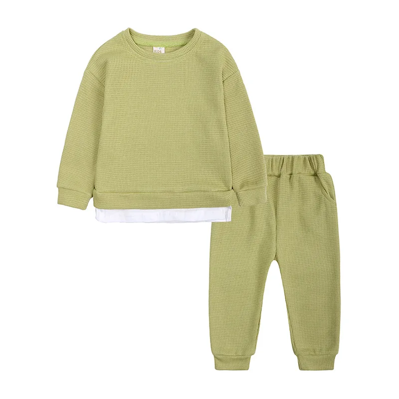 

Baby 2pcs Set Boys Girls Sweatshirts Pants Toddlers Long Sleeved Clothes Waffle Cotton Kids Leisure Wear Tops Autumn Spring