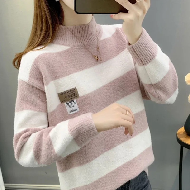 New Autumn/Winter Fashion Korean Edition Chenille Stripe Colored Half High Neck Loose Versatile Western Women\'s Knitted Sweater