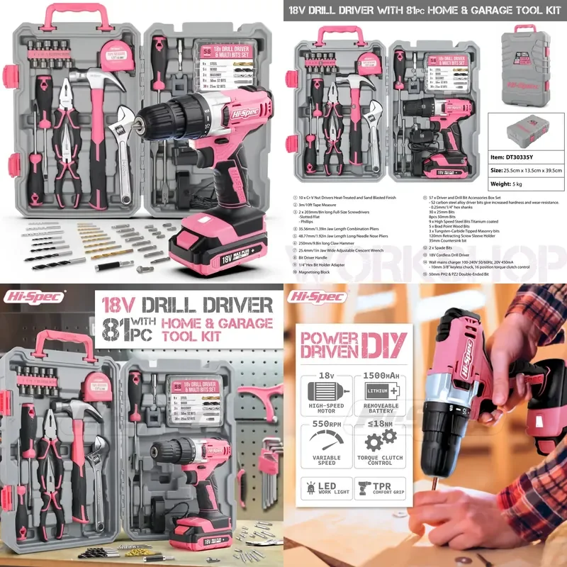【CHIMU HOME】 18V Cordless Electric Drill Driver Kit with 81 Accessories Pink Portable DIY Tool Set