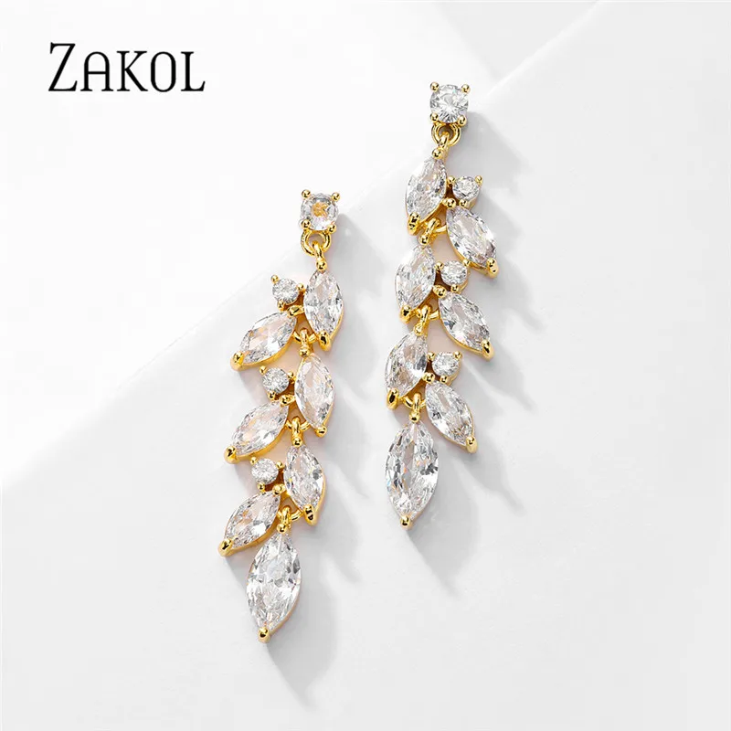 ZAKOL Zircon Gold Color Wheat Ear Leaves Dangle Earrings for Women Fashion Marquise Cut Cubic Zirconia Wedding Jewelry EP2834