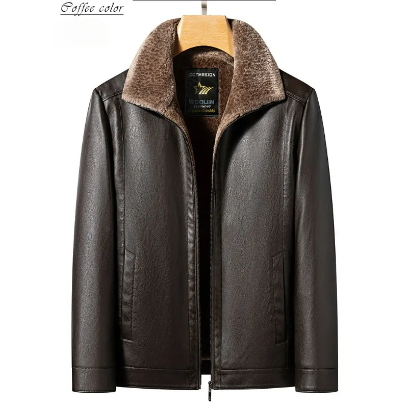 

New Men Derma Jacket Cowhid Detachable Hat Parks Fur One-piece Overcoat Hooded Leather Cowhide Outwear Thickened Winter Coat