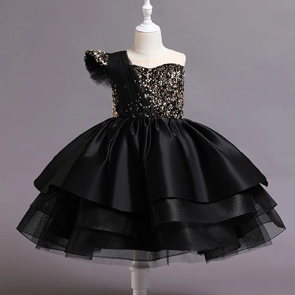 Girls Party Dresses Children Tutu Costume Black Sequins Elegant Kids Formal Evening Dress For Girl Birthday Wedding Prom Gown