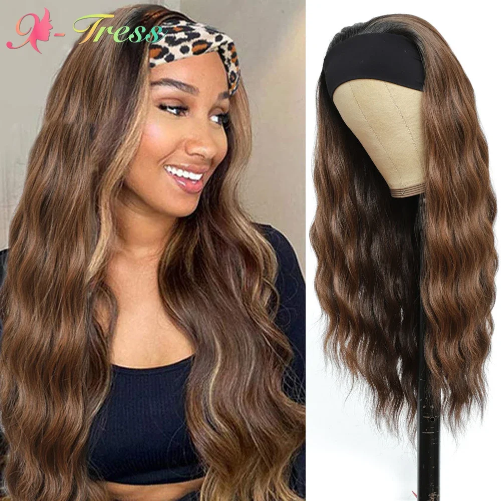 

X-TRESS Synthetic Headband Wigs Ombre Brown Long Natural Wave Hair Wig for Black Women Glueless Machine Made Daily Headband Wig