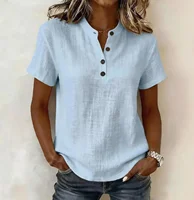 Women Casual Short Sleeve Linen Blend Top Henley Neck Button Front Relaxed Fit Blouse Summer - Image 2